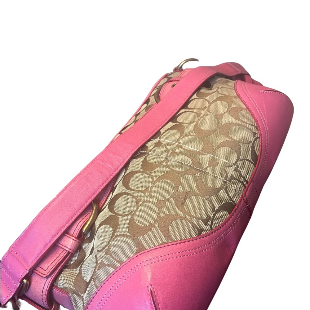 Coach Pink Signature Khaki Canvas Leather Shoulder Bag - Picture 6 of 13